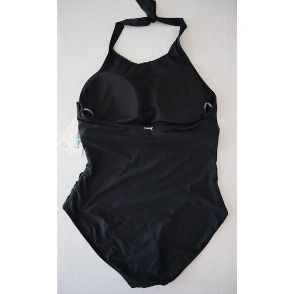 Calvin Klein CG2MS732 Sz 16 Black Ruched High Neck Halter 1-Pc Swimsuit - Picture 2 of 9